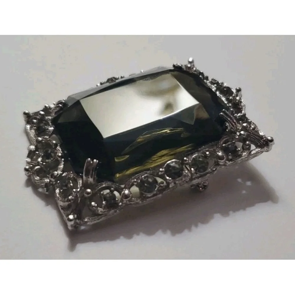 Vintage SARAH COV Brooch Pendant Necklace Gray Topaz Faceted Stone Silver Tone
